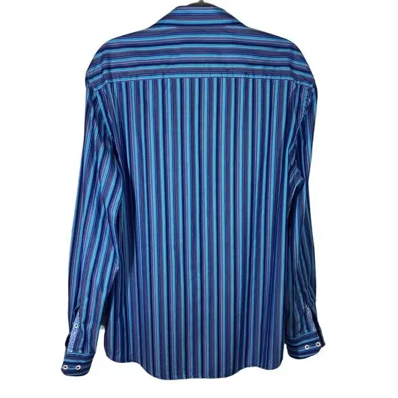 Bugatchi Uomo Shaped Fit Button Down Shirt 100% Cotton Blue Striped Mens - Picture 2 of 5